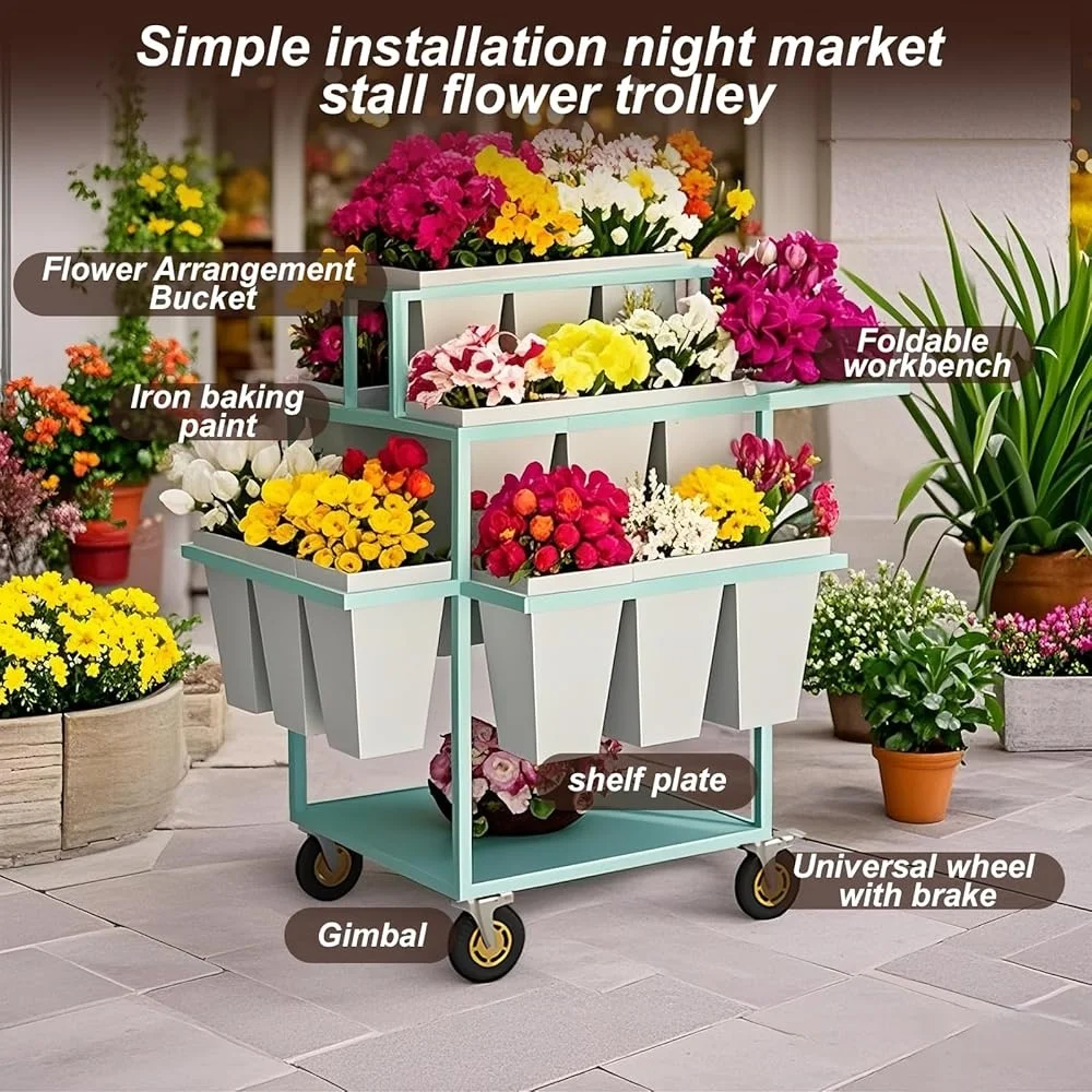 Metal Flower Display Cart 6 Tier Stand with 18 Buckets Rolling Plant Shelf Indoor Outdoor Gardening Decor