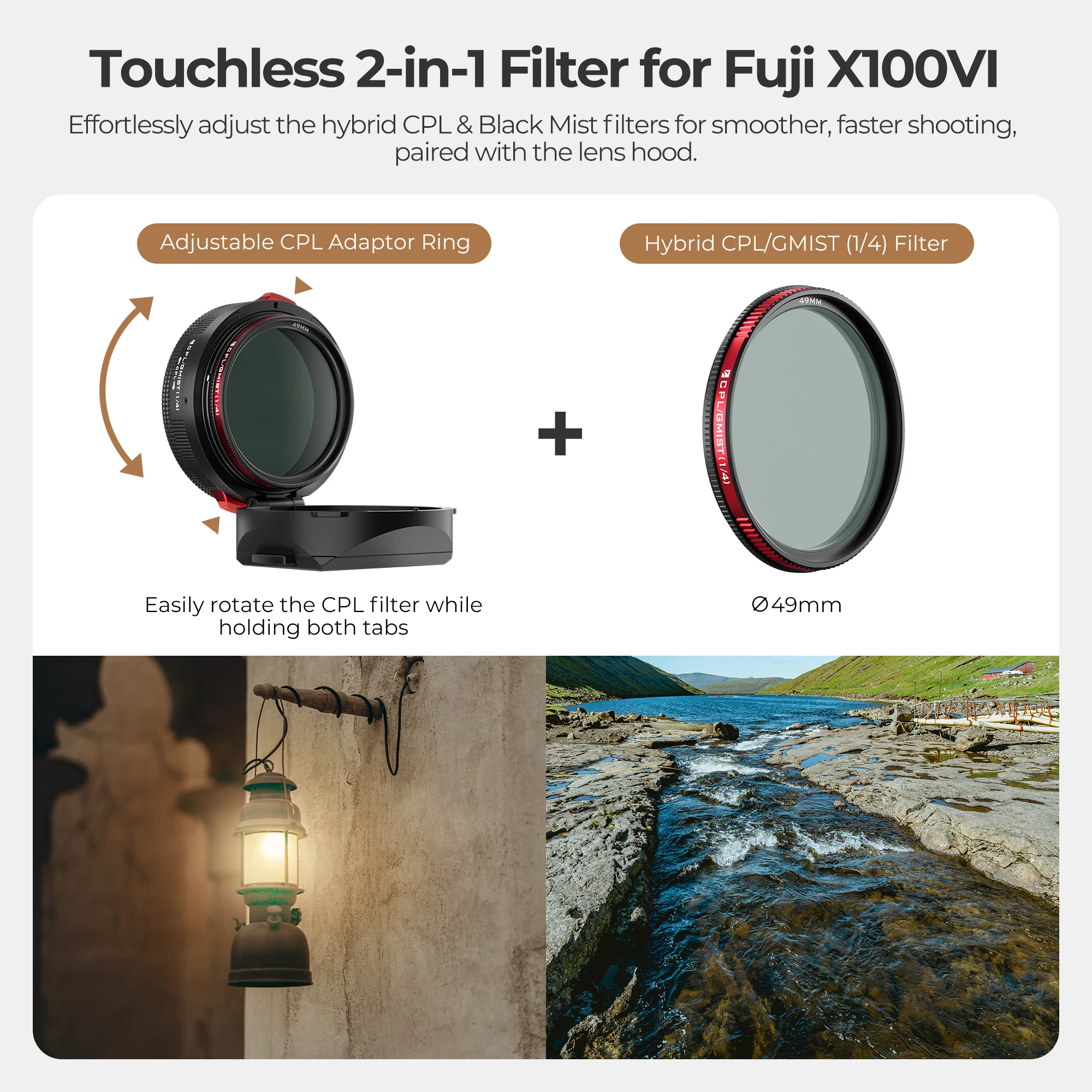 Real Lens Hood for Fuji GFX100RF Camera With Hybrid CPL/Black Mist Filters, Quic