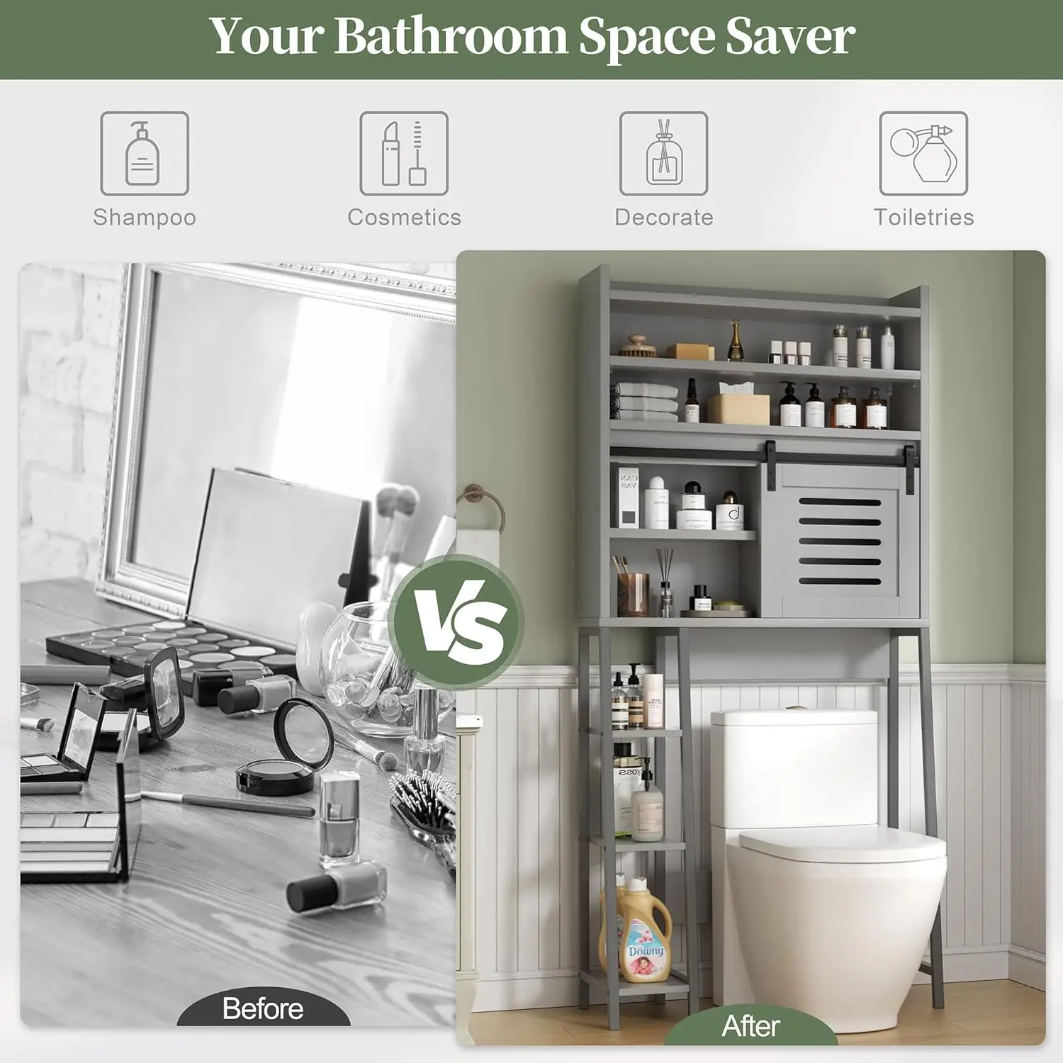 Over Toilet Storage Cabinet. Sliding Doors. Adjustable Shelf. Anti-Tip Device. Gray. For Bathroom.