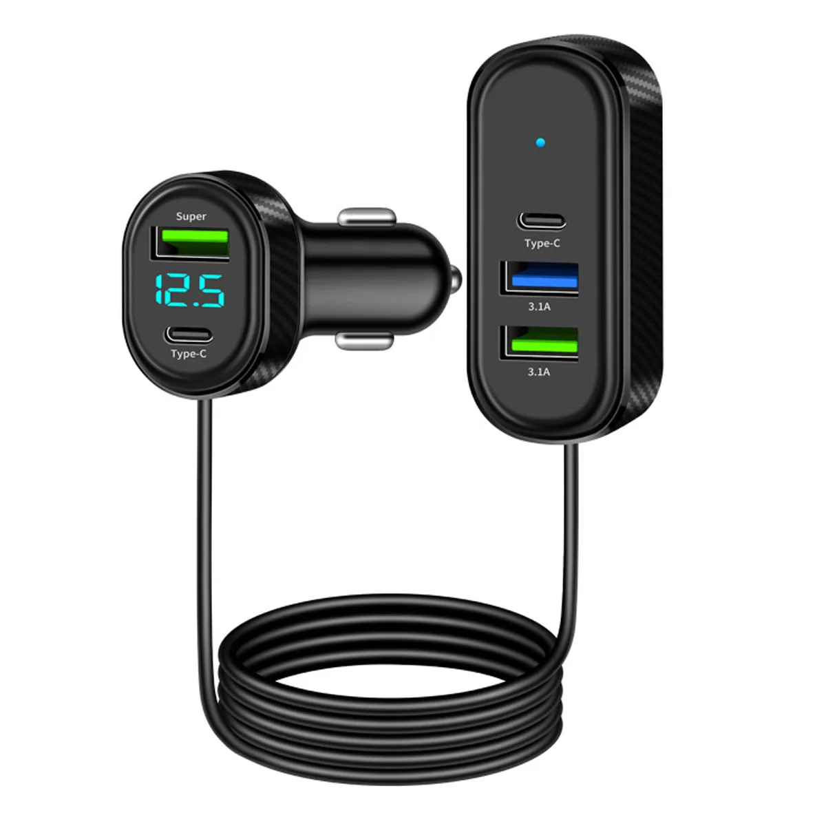 USB Car Charger Super Fast Charging Type C 3.1A Fast Charging Support Voltage Detection with 1.5M Extension Cable Phone Charger