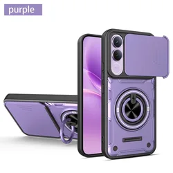 360° Ring Holder Stand Armor Shockproof Heavy Duty Phone Case with Slide Camera Lens Protector for Vivo V70 FE (PURPLE)