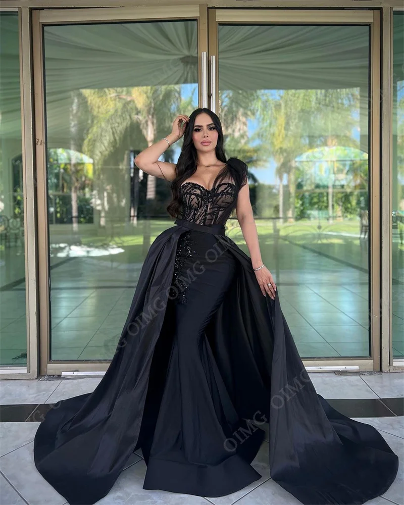 OIMG Black Lace One Shoulder Prom Dresses Detachable Train Sleeveless Evening Gowns New 2023 Dubai Femme Formal Party Dress