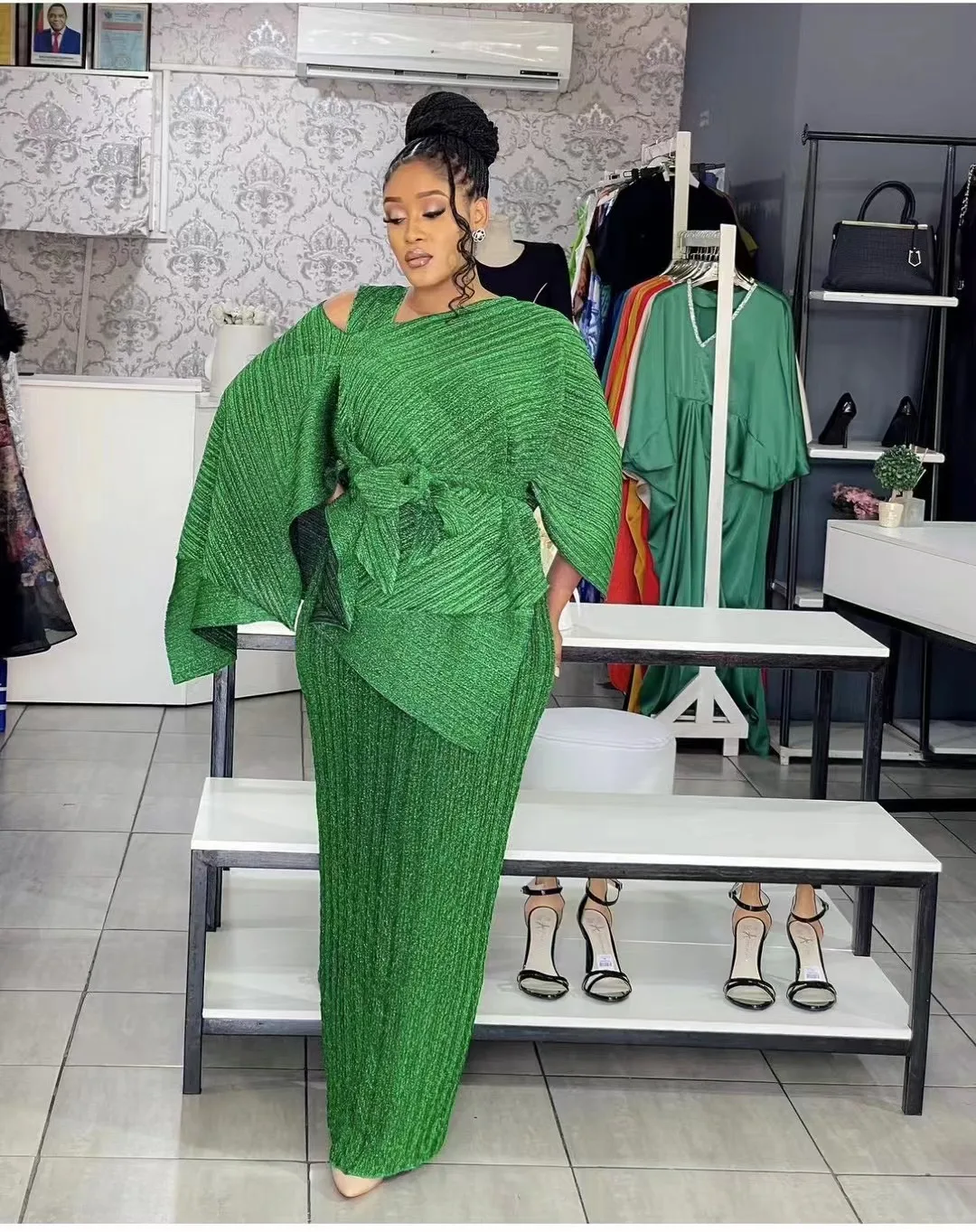 فستان نسائي أنيق مطوي ، حبال ، خصر مرتفع ، جلد ، ط...