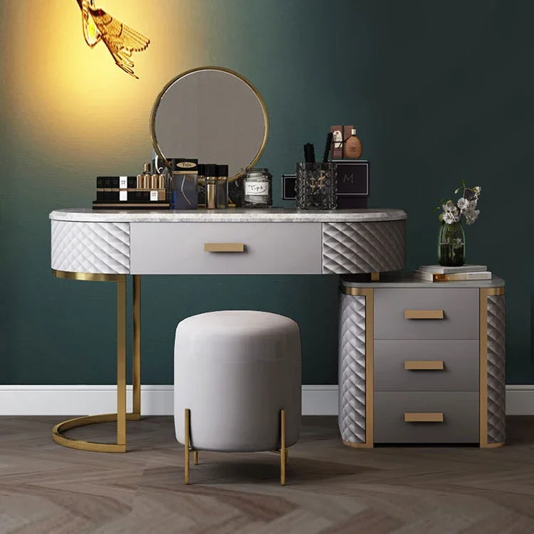 

Luxury Elegant Makeup Table Antique Minimalist Pu Leather Dressing Table High Quality Nordic Dresser With Stainless Steel Frame