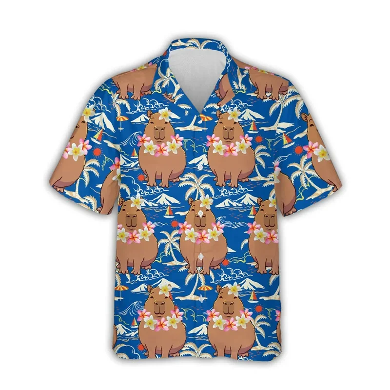 Summer Hawaiian 3D Cute Animal Capybara Printing Shirts Hydrochoerus Hydrochaeris Graphic Short Men Funny Clothing