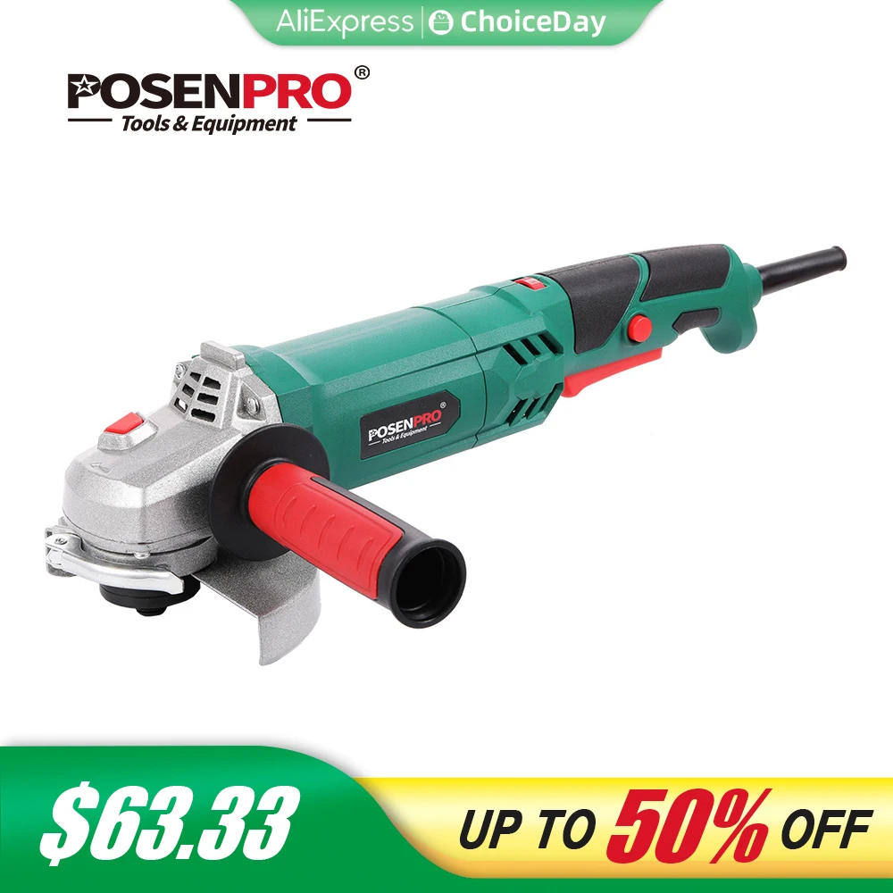 POSENPRO Electric Angle Grinder 1100W 125mm Variable Speed 3000-12000RPM Toolless Guard for Cutting Grinding Metal