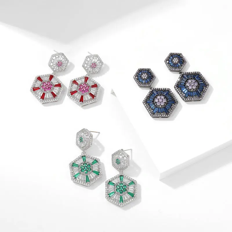 Cubic Zirconia France Fashion Statement Geometric Hexagon Dangle Earrings For Women Elegant Temperament Wedding Luxury Jewelry