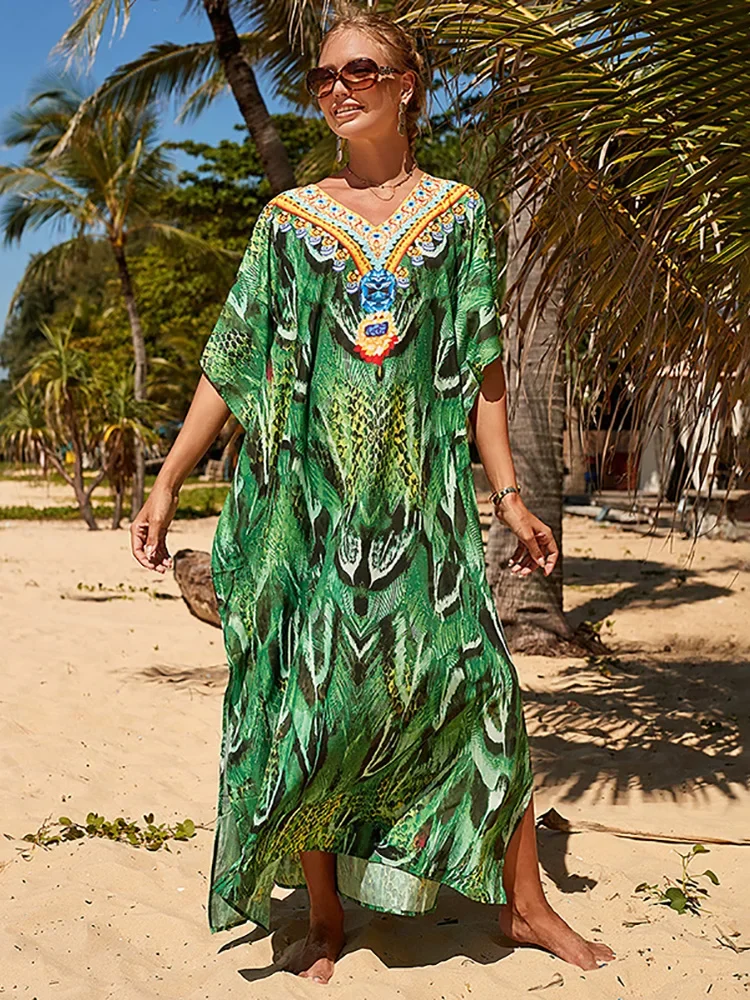 

Платье Caftan для женщин, платье с принтом в богемном стиле, 2024 халат, купальник, накидка, большие размеры, Пляжное парео, пляжная одежда, длинное платье