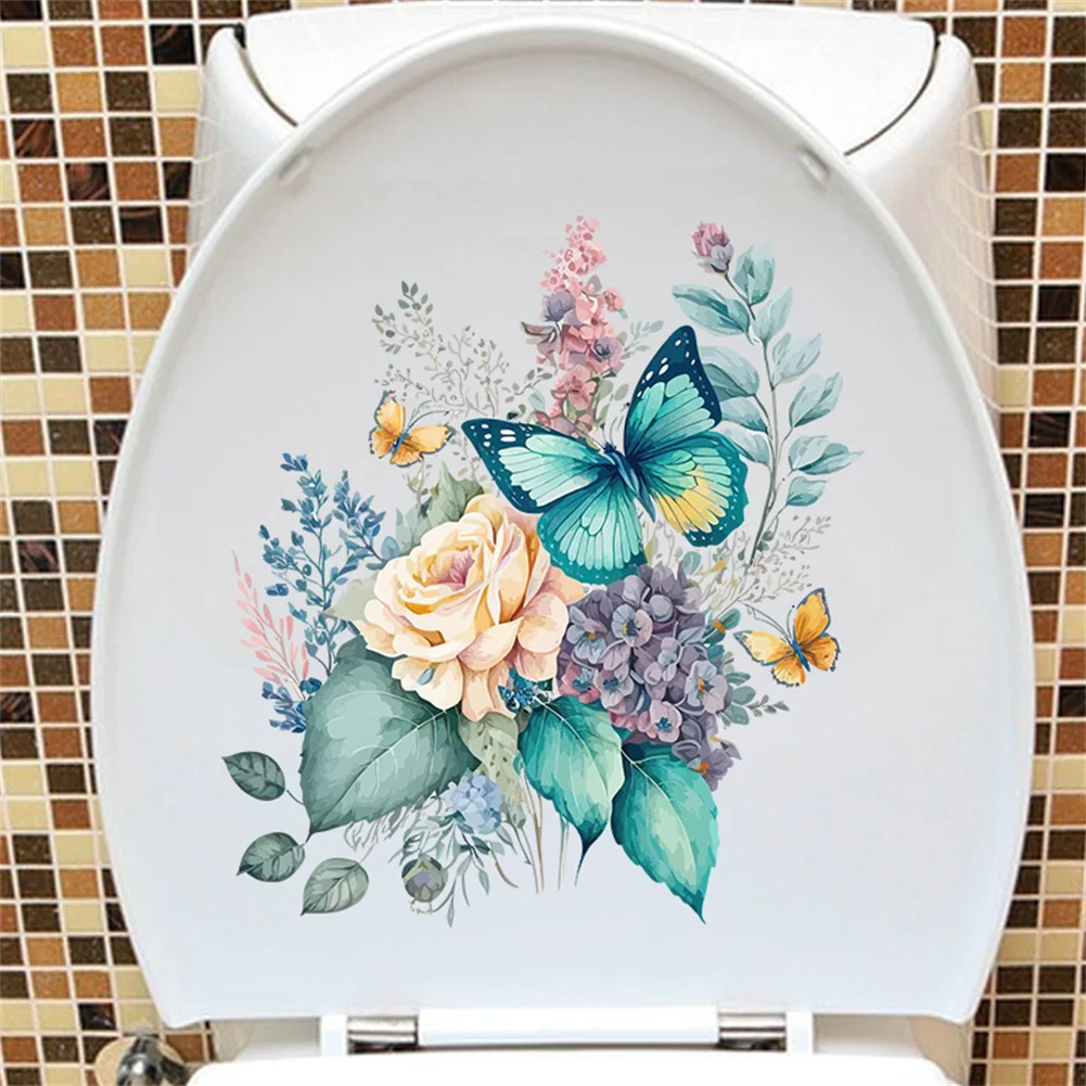 Toilet Wall Stickers Flowers Butterfly Pattern Waterproof Removable For Bathroom