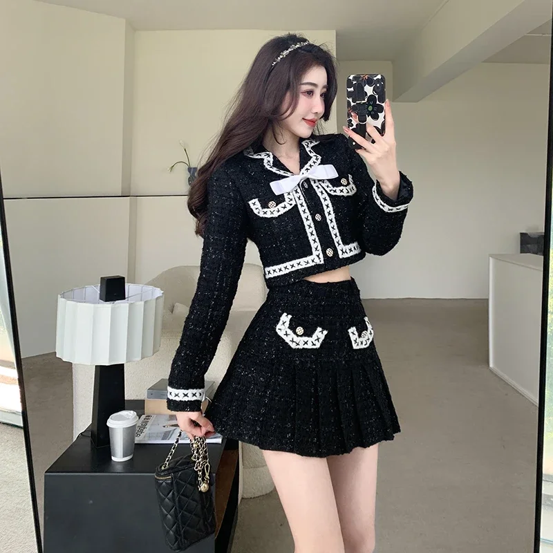 Fashion Small Fragrance  Black Two Pieces Set Women Shorts Jackets + Mini Pleated Skirts Women Outfits 2024 Ins Korean Suit