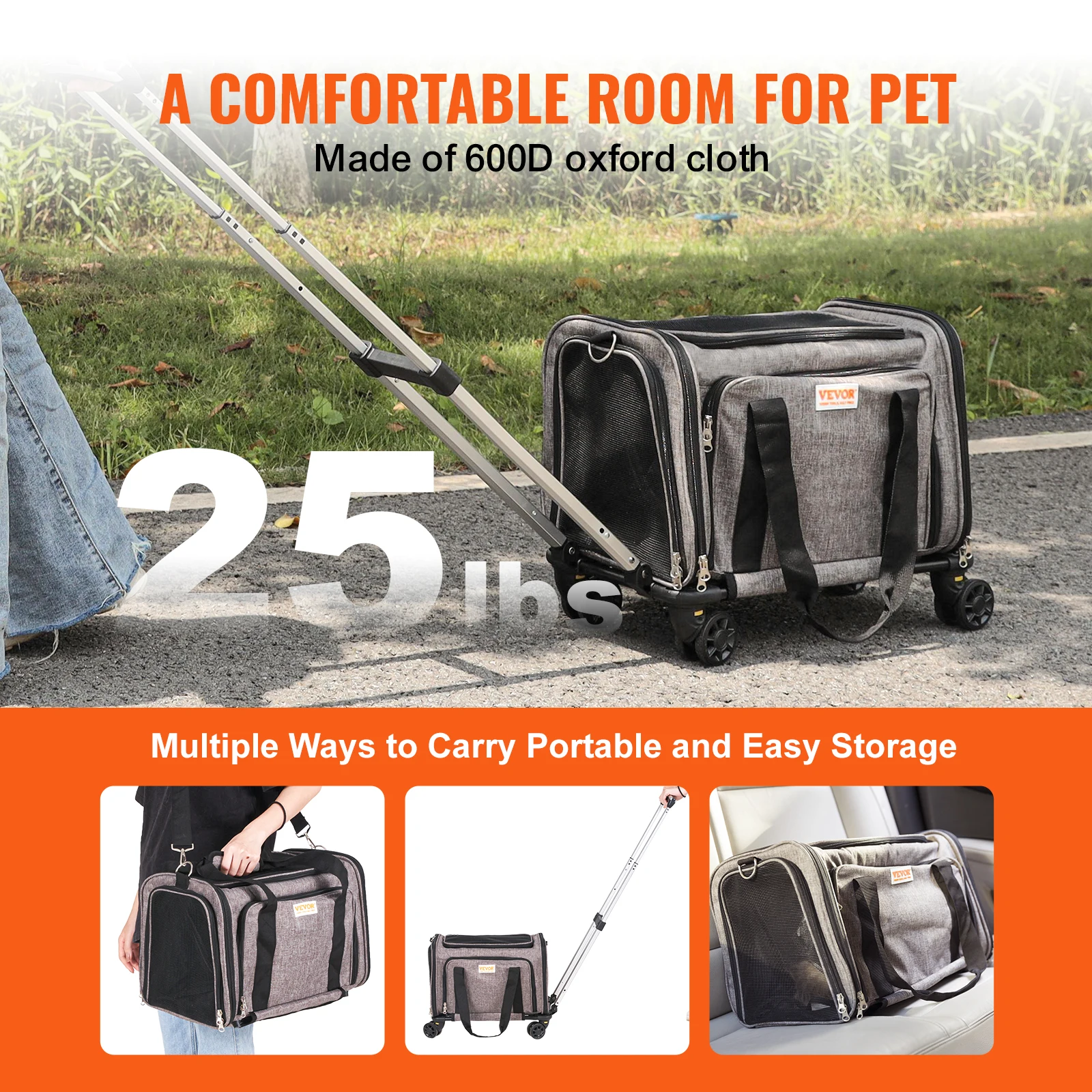 Breathable Pet Cat Carrier Rolling Backpack with Wheels