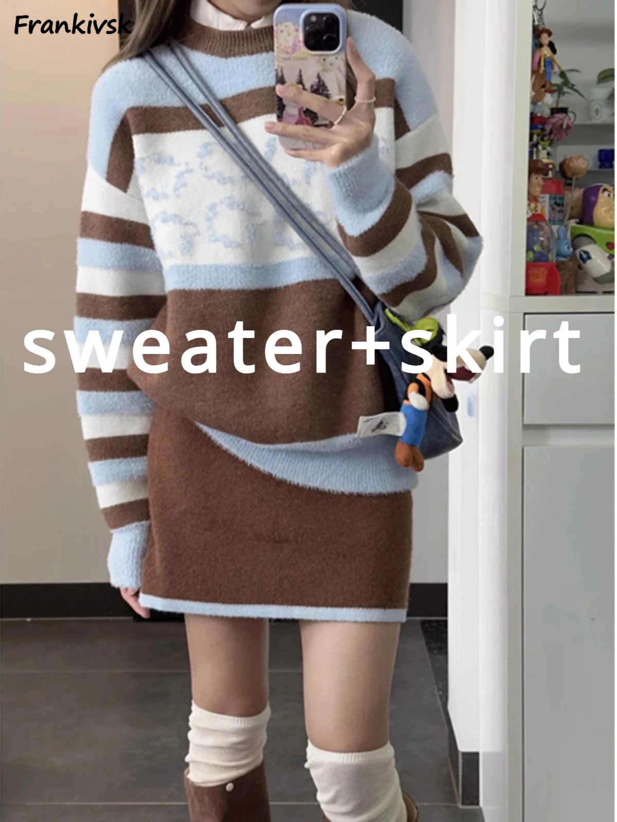 

Striped Sets Women Contrast Color Spring Autumn Elegant Hotsweet Sweater High Waist Above Knee Slim Skirts Stretchy Korean Style