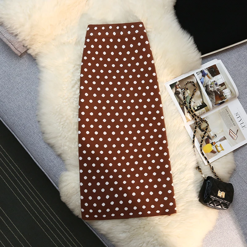 

Wisher&Tong New In Knit Skirt Women High Waist Korean Fashion Dot Knitted Skirt 2022 Autumn Winter Midi Long Skirts Jupe Femme