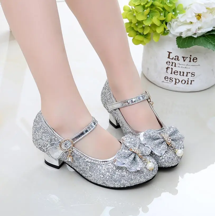 Kids Leather Shoes Girls Wedding Dress Shoes Children Elsa Princess Bowtie Dance For Girls Casual Flat Sandals