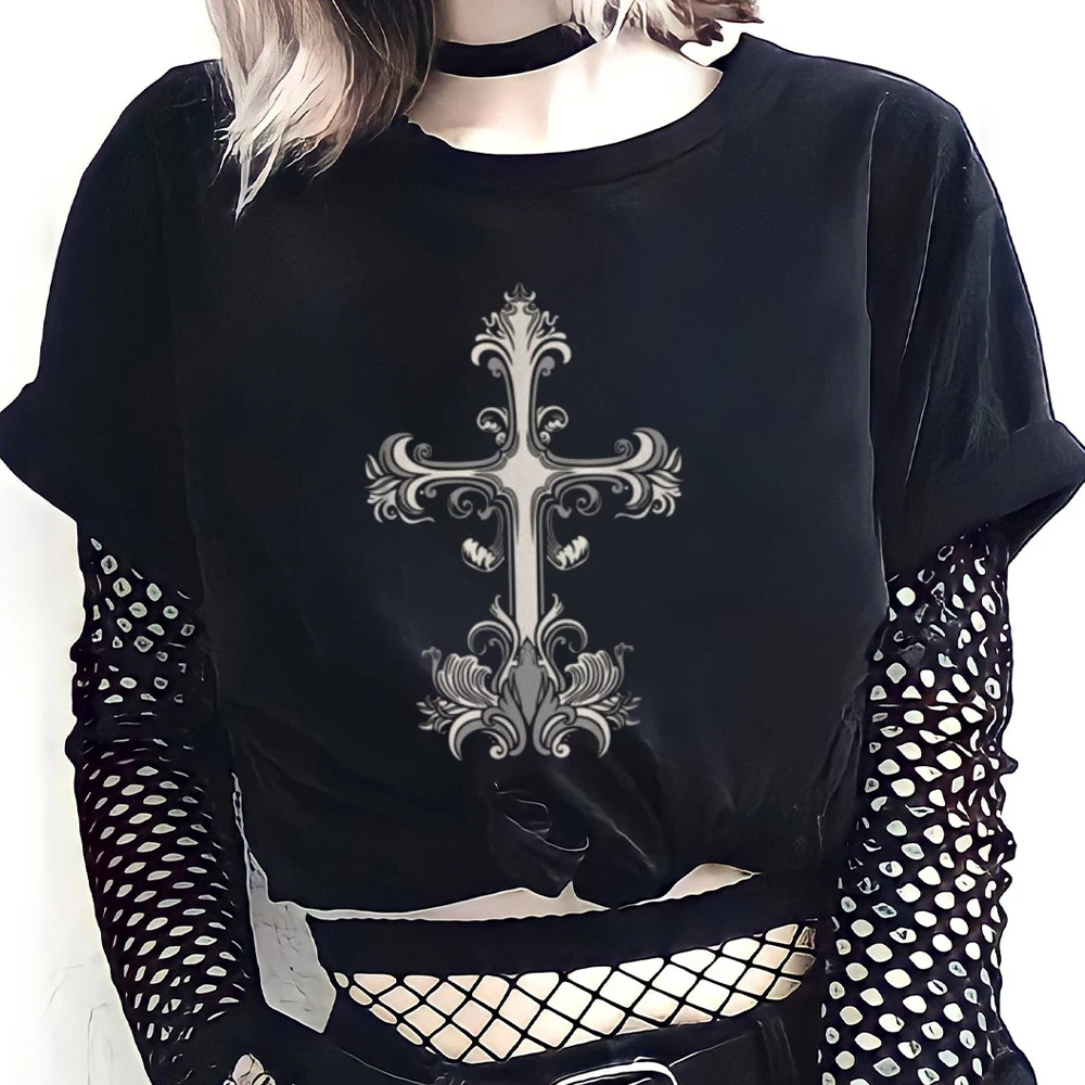 Retro Gothic Cross Short Sleeved T Shirt Women Loose Tee top Summer Clothes Y2k Tops mujer T-shirt aesthetic graphic t shirts