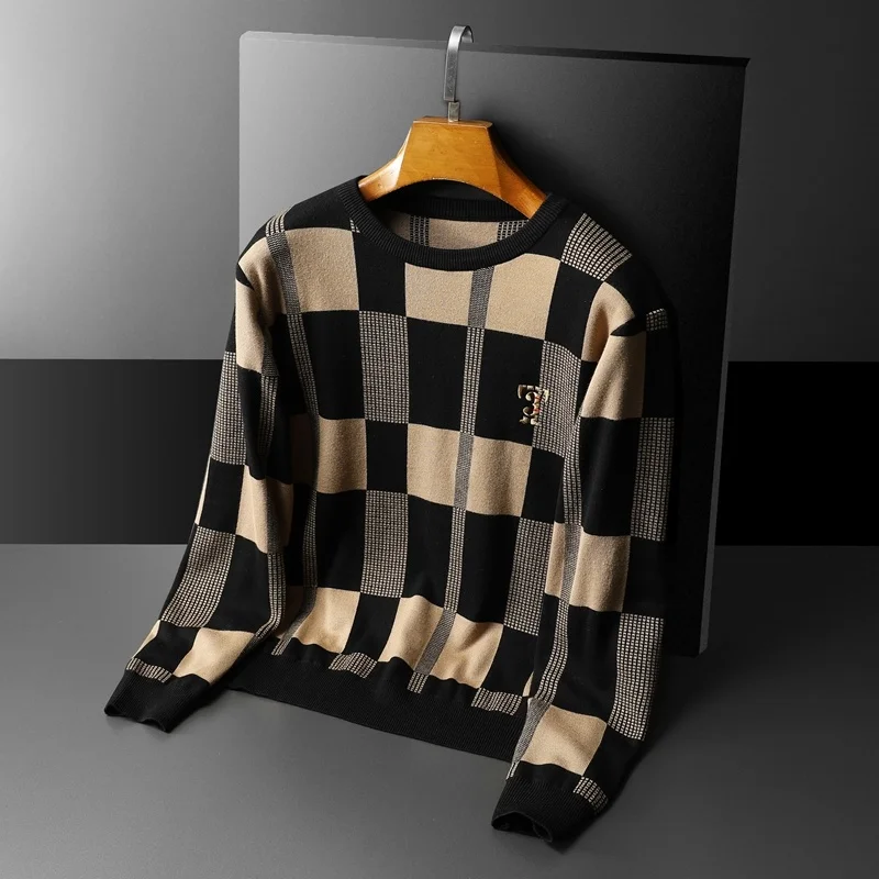 Fall Lattice Letter Print Contrasting Color Men Long Sleeve Slim Knitted Pullover Sweater Social Dress Shirt Streetwear Clothing