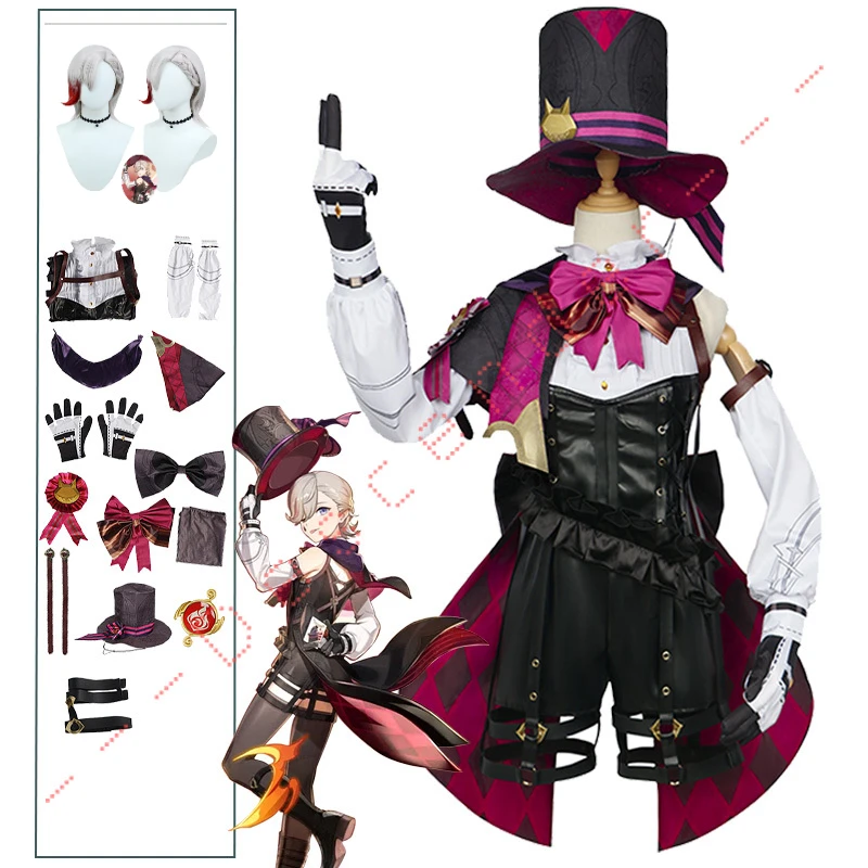 

Lyney Cosplay Genshin Impact Costume Wig Fontaine Lyney Leather Uniform Hat Dress Short Hair Skirt Glove Outfit Tail Magician