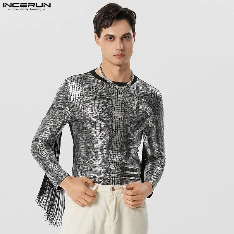 

Stylish Well Fitting Tops INCERUN Men's Flash Fabric Patchwork Tassel T-shirts Casual Fashion O-neck Long Sleeved Camiseta S-5XL
