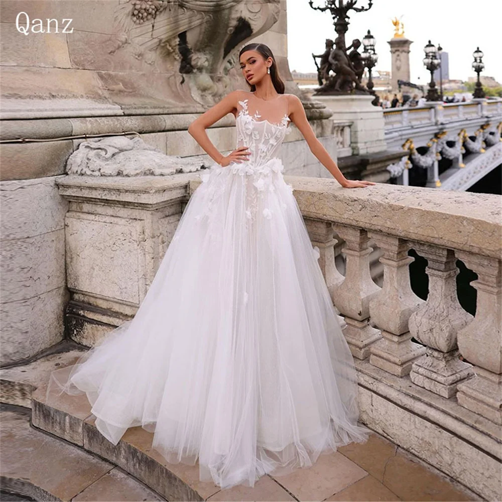 

Qanz Elegant O Neck Wedding Dresses Flowers Tulle Long A Line Robe Mariée Boho Court Train Illusion Vestidos Novias Boda 2024