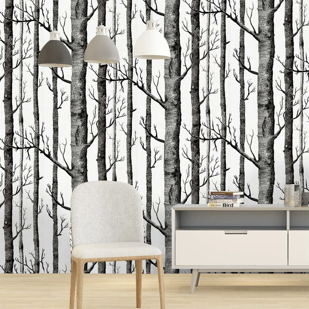 Black and White Wood Birch Pattern Wallpaper Wall Kitchen Cabinet Furniture Shelf Liner Wallpaper