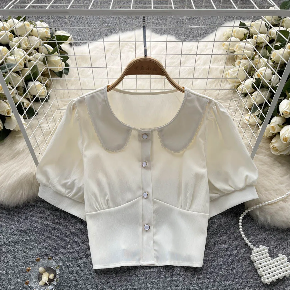 

Summer Short Single-breasted Cardigan Single-breasted Doll Collar Bubble Short-sleeved Blouse