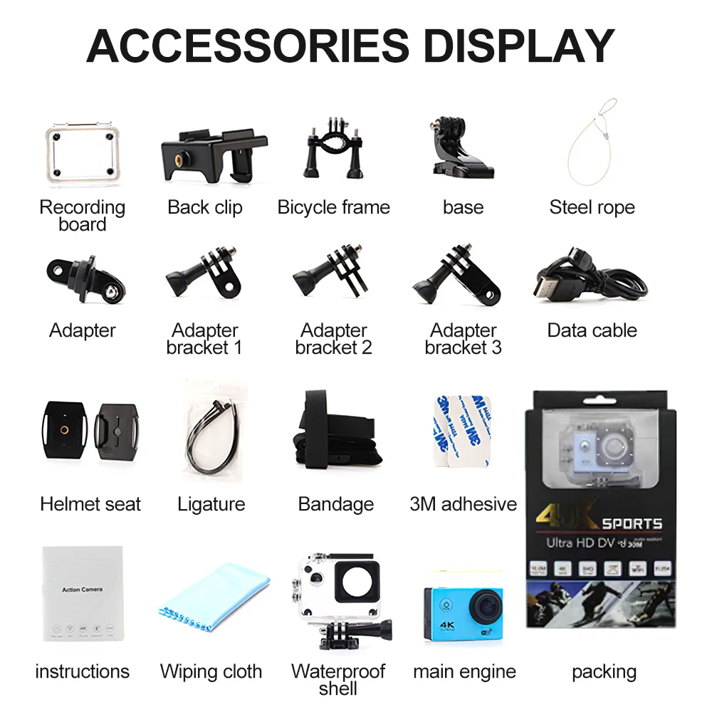 4K Action Camera Underwater Video Recording Helmet Cam Waterproof 2.0-inch Screen WiFi Sports Camera DV Camcorders Recorder