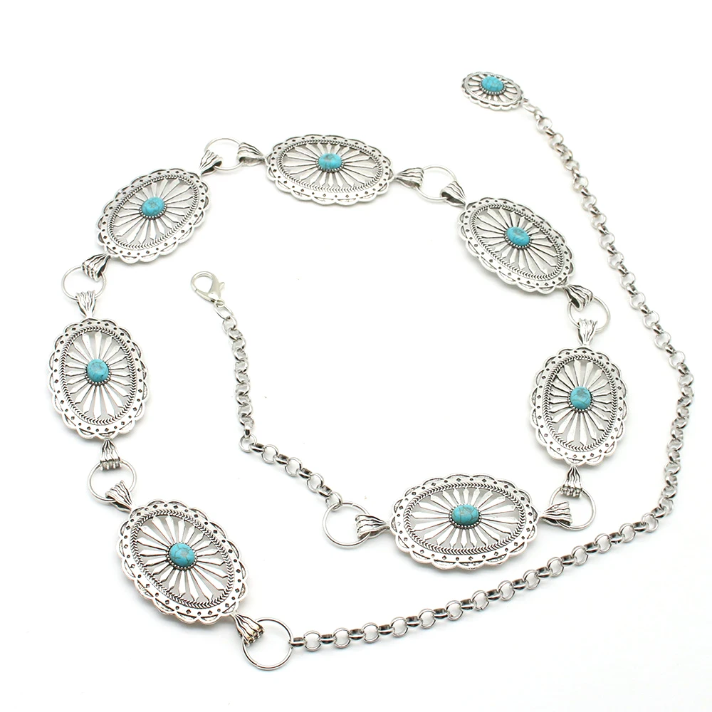 

Fashion Turquoise Decor Geometric Metal Alloy Conchos Chain Belts for Women