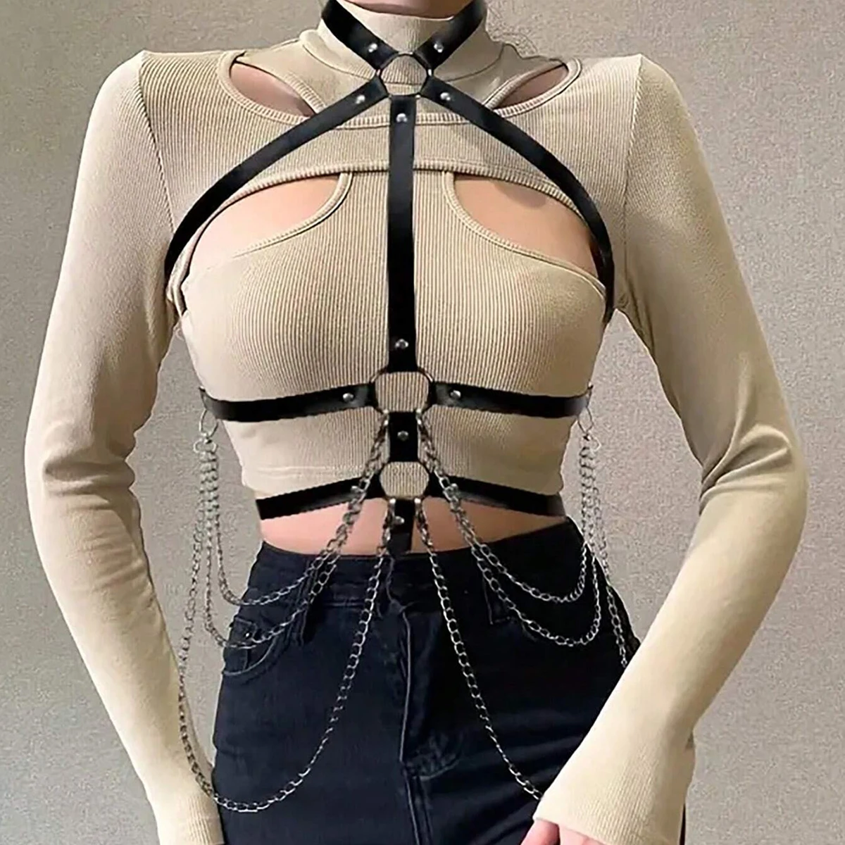 Frauen Mode Gürtel Körper Kette Harajuku Brust Harness Hosenträger für Frauen Dekorative Korsett Gürtel Gothic Kleidung ZubehörPunk Leder Körperkette Punk Leder Taillenkette Punk Taillengürtel Damen