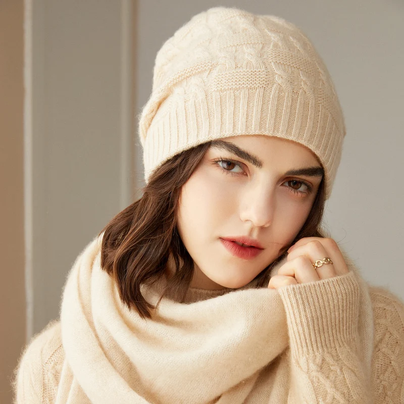 

100% Goat Cashmere Knitted Hooded Female Hat 3Colors Soft Keep Warm Hats For Women HG01