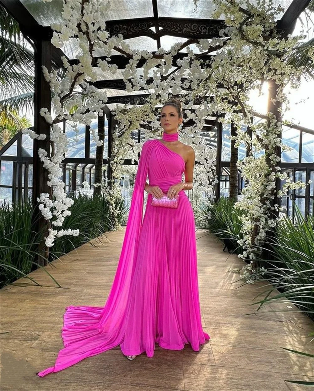 Cathy Fuchsia One Cape Sleeve Vestidos De Noche Pleated Fabric Prom Dress 2023 Sexy Chiffion A-line فساتين السهرة