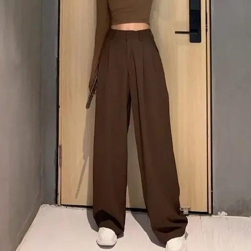 2024 Women Fall Retro Casual Wild Straight Leg Pants Female Spring New Fashion High Waist Solid Color Wide Long Pants New Korean