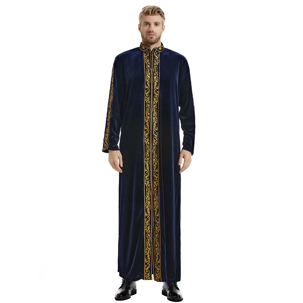 Middle East Muslim Gold Velvet Embroidery Men\'s Robe Arabian Islamic Prayer Dress National Costume Noble Luxury Long-sleeved Top