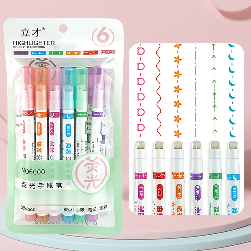 6개입 곡선형 형광펜 마커 펜, 선형 펜슬 레이스 롤러 팁, 다양한 선형 모양, 다채로운 그림 그리기, 그래피티 아트 도구