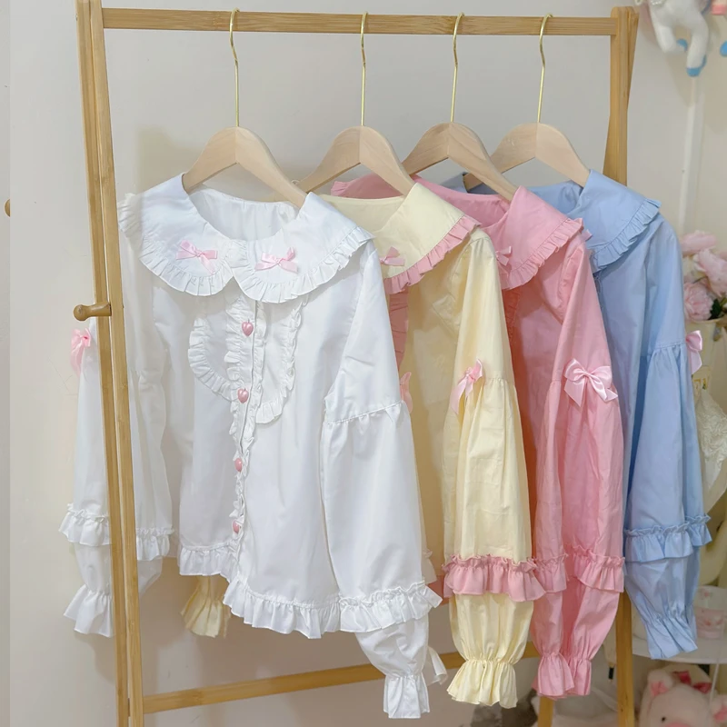 Japanese Sweet Lolita Style Kawaii Bunny Ear Shirts Women Long Sleeves Peter Pan Collar Bow Blouses Girls Casual Y2k White Tops