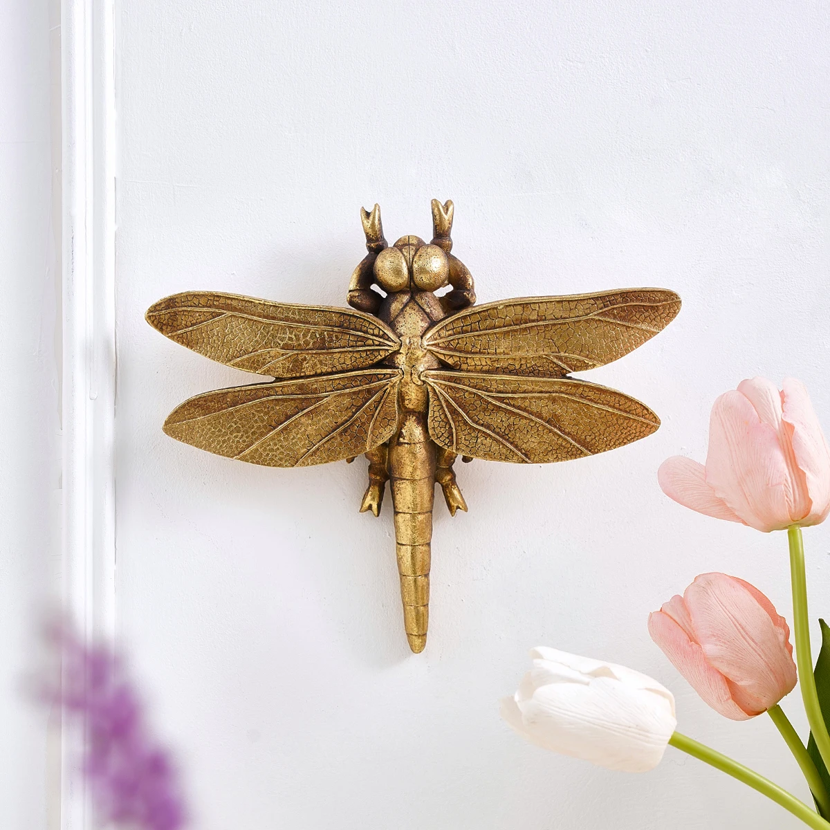1PC, resin material golden dragonfly home decoration craft wall hanging, family party insect house hanging decoration