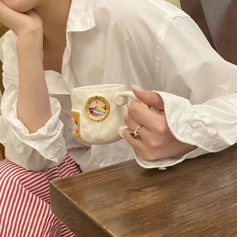 

Light Luxury Retro Hand-painted Oil Painting Style Ceramic Mug Exquisite Nordic Ins Couple Cup American Home Milk Coffee Cupgift