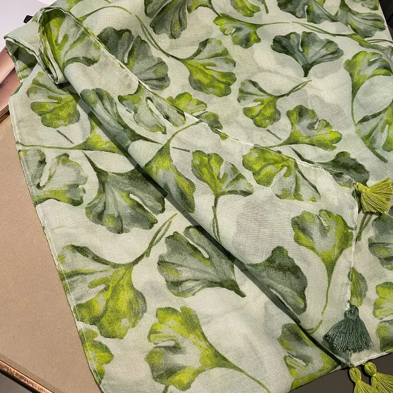 Boho Mode Ginkgo Biloba Floral Quaste Viskose Schals Schal Dame Hohe Qualität Wrap Strand Stola Bufandas Moslemisches Hijab 180*90 cm – Detail 14