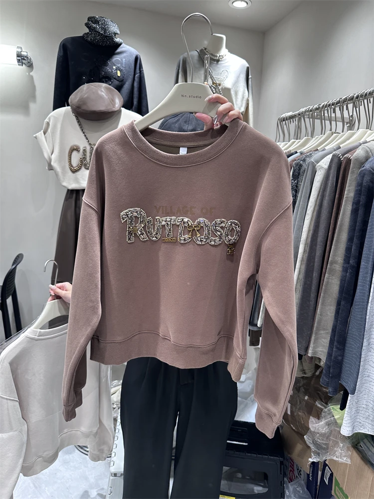 여성용 루즈 헤비 인더스트리 레터 라인스톤 긴팔 풀오버, 얇은 후드, 짧은 맨투맨 재킷, 2023 용수철 가을 신상