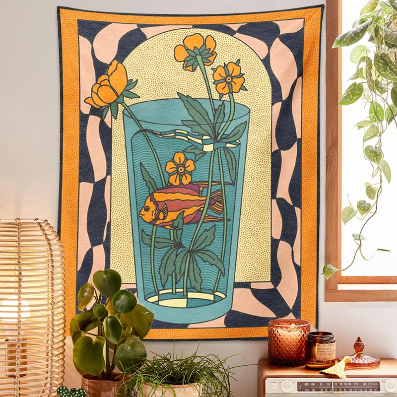 Vintage Inspired Tapestry Wall Hanging Psychedelic vase goldfish flower Decor Minimalist Print Bohemian Art Wall Decor Mural tapestry decorations