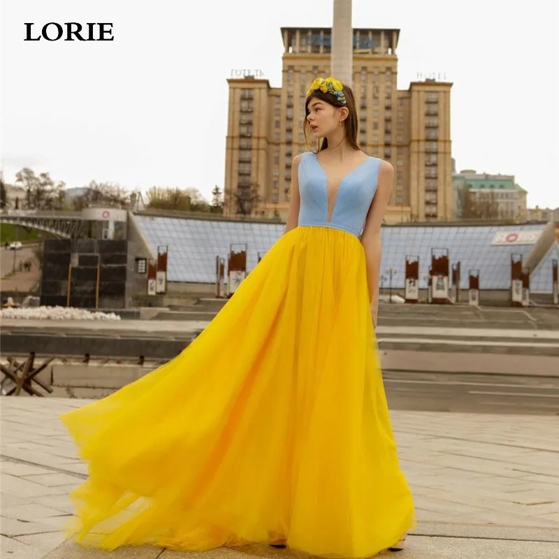 

LORIE Hit Color Sleeveless V Neck Evening Dresses Puff Tulle Prom Gowns Girls Evening Party Dress