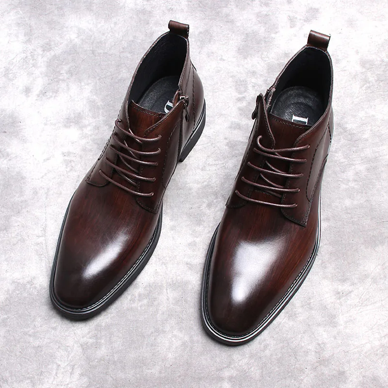 

Luxury Men Genuine Leather Ankle Boots Black Brown Formal Dress Boots For Men High Quality Zipper Lace-up Boots Chelsea For Men