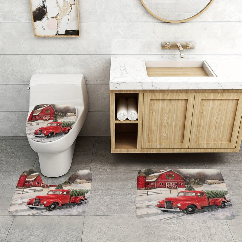 3-piece Christmas tree truck pattern bathroom anti slip mat set, bathtub anti slip mat bathroom carpet, toilet U-shaped mat, toi