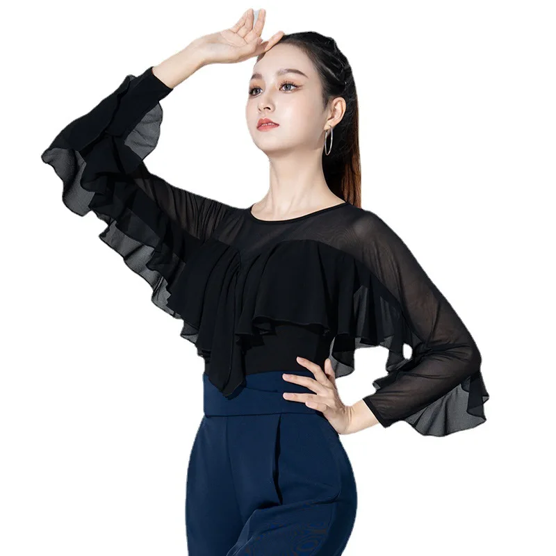 Adult Women Ballroom Costume Modern Latin Dance Top Chest Pad Long-sleeved Chiffon Lady Sexy Mesh Fabric Dancewear girl dance costume