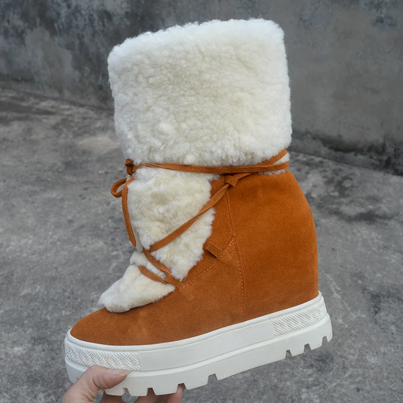 

Женские зимние ботинки из натуральной кожи, на танкетке, с увеличивающим рост мехом