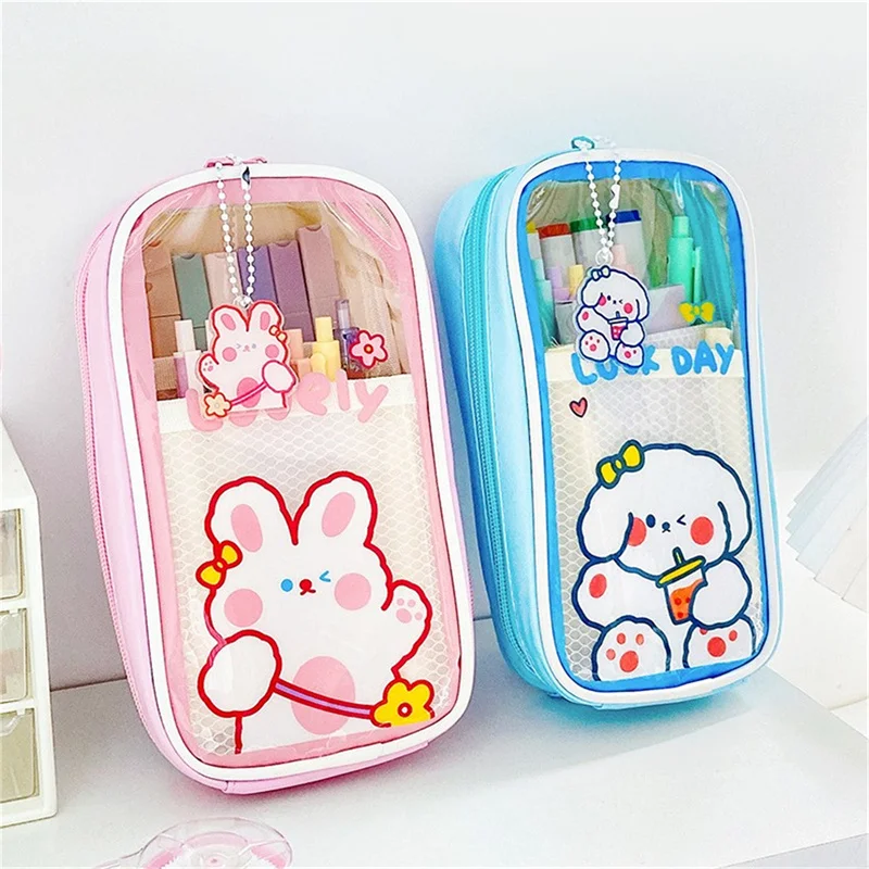 1pc Japanese Style Double Layer Transparent Pencil Case With Large Capacity