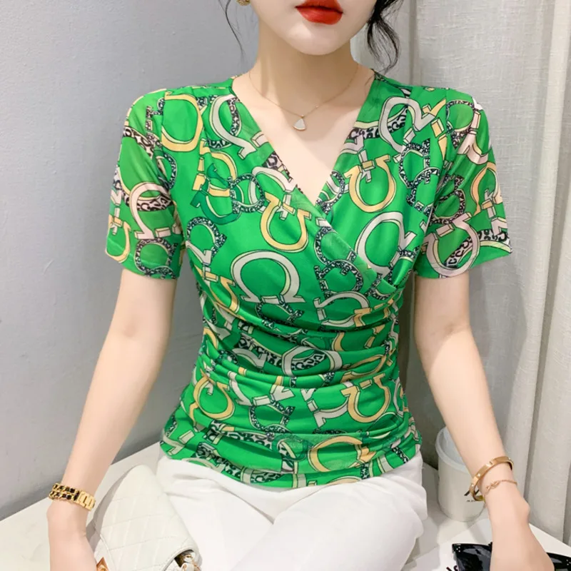 

#6306 Green Printed Wrap T Shirt Women Sexy Tight Elastic Mesh T-shirt Female Short Sleeve Sexy Retro Office Tshirt Korean Style