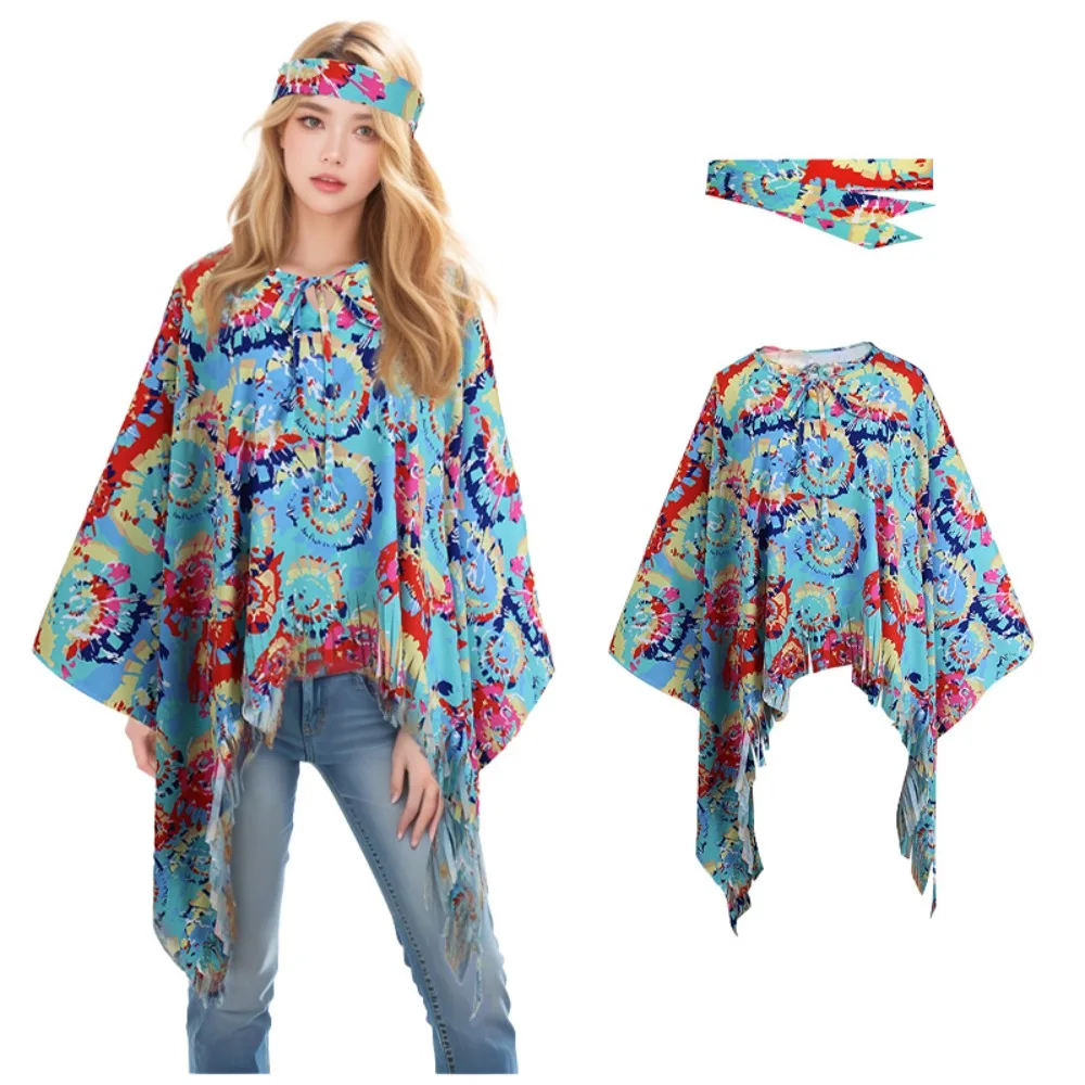 

Hippie Disco Cosplay Costume Women Peace Love Tie Dyed Tassel Cape Headscarf Girl Vintage Hip Shawl 60s 70s Theme Carnival Party