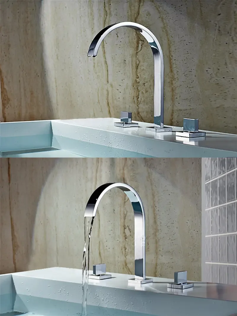 Description Picture 4 of itemBasin Faucet Chrome/gold/black Deck Mounted Square Brass Bathroom Sink  3 Hole Double Handle Hot And Cold Water Tap