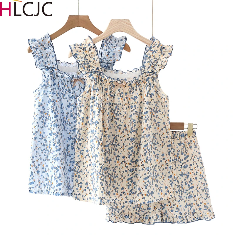 Women Cute Spaghetti Strap Pajama Sets Flower Printed Shorts Ruffles