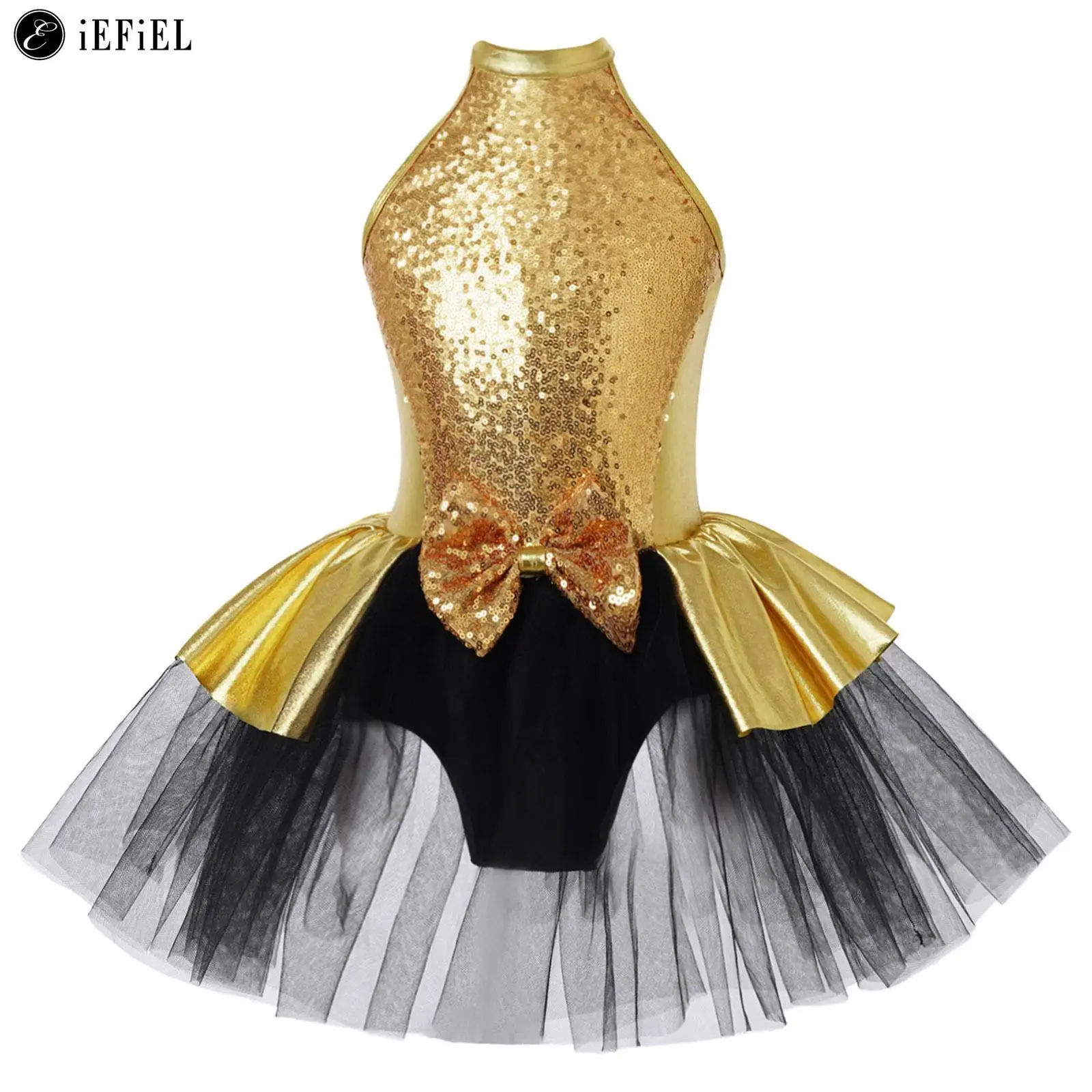 

Kids Girls Sparkly Sequins Halter Cutout Back Ballet Dance Tutu Dress Leotard Ballerina Competition Stage Performance Costume